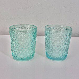 Tiffany Blue Diamond Cut Turquoise Glasses Aqua Teal Barware Tealight Bath